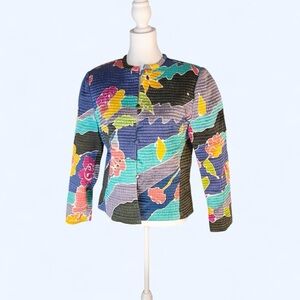 Multicolor Floral Quilted Jacket - Women's Round-Neck Blazer